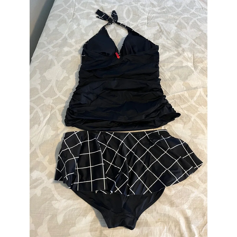 Spanx Womens Black White Grid Halter Tankini Top and Skirted Bottom Set Size 14
